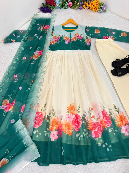 Beautifull Rama Color Fox Georgette Hand Work Gown
