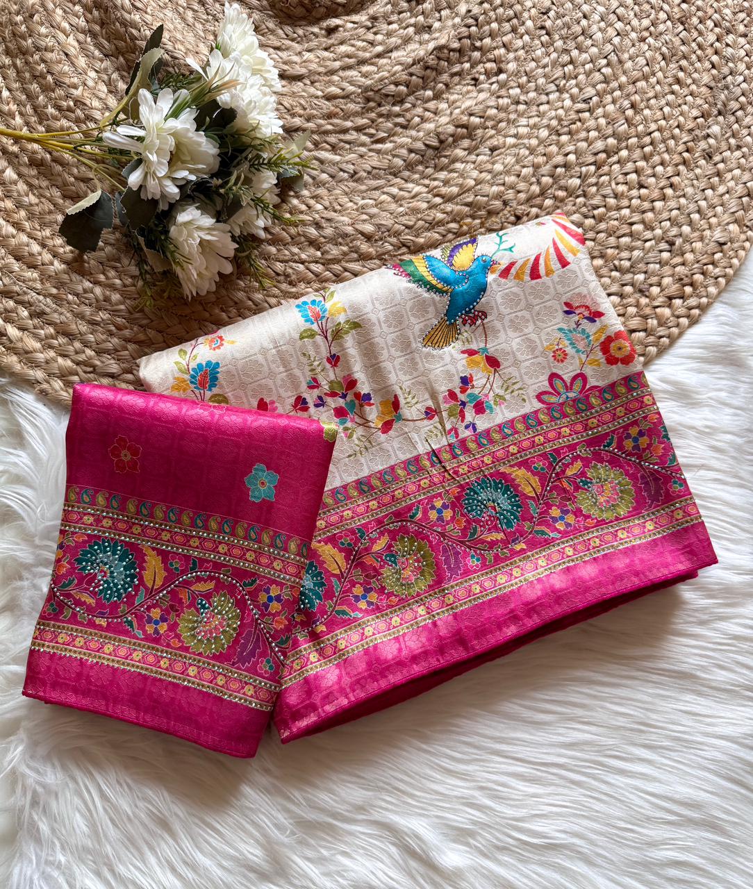 Softy Silk Jacquard Saree with Swarovski Hand Work & Digital Pashmina Print