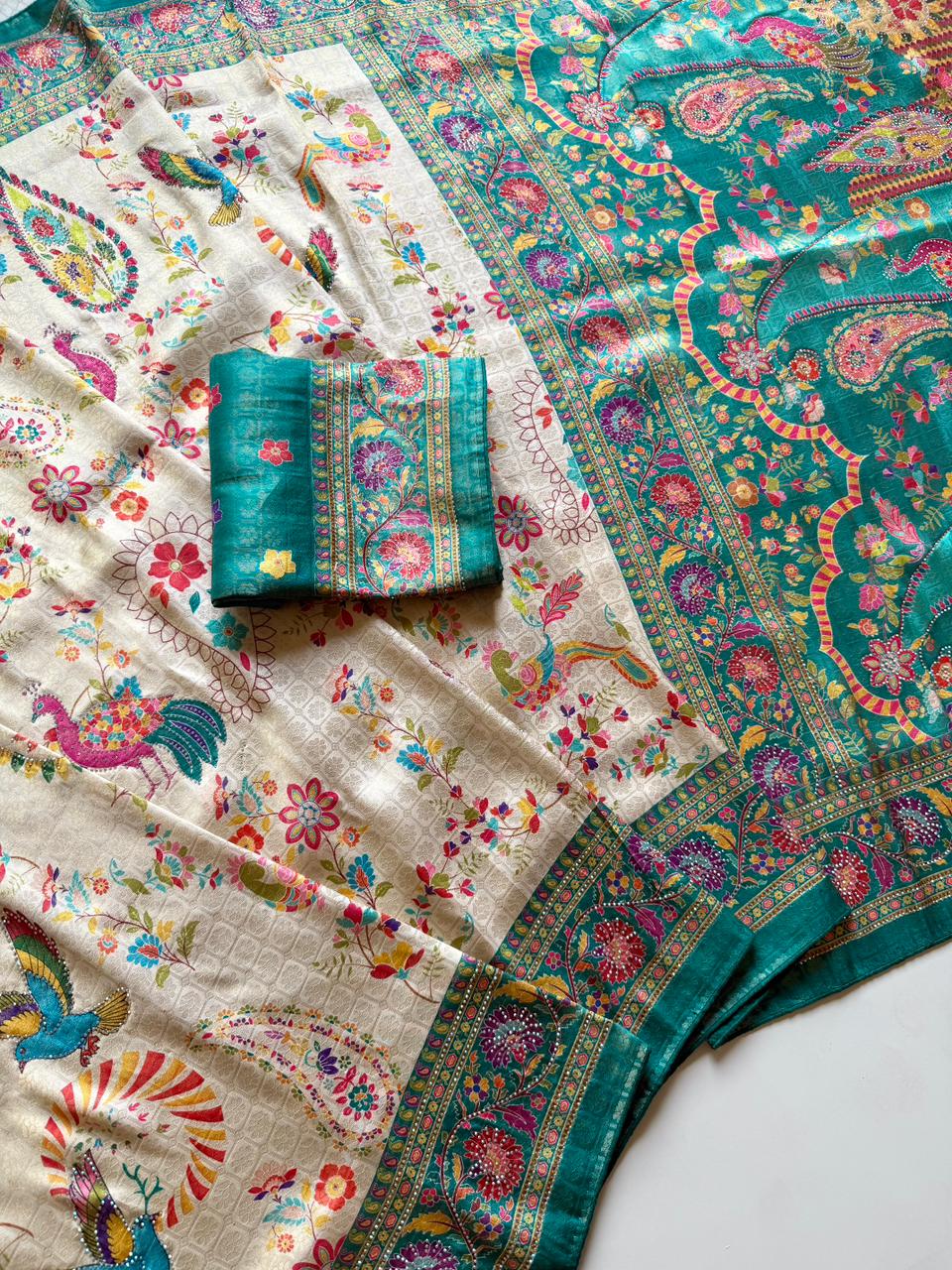 Softy Silk Jacquard Saree with Swarovski Hand Work & Digital Pashmina Print