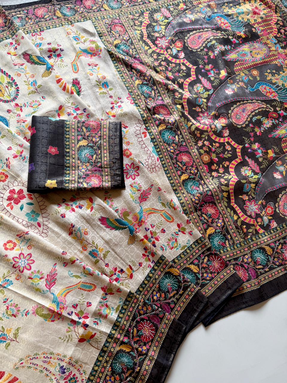 Softy Silk Jacquard Saree with Swarovski Hand Work & Digital Pashmina Print