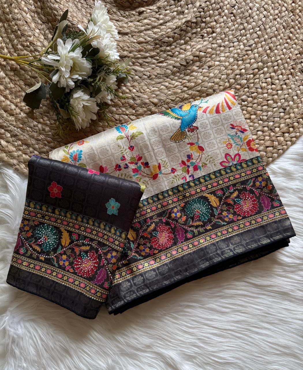 Softy Silk Jacquard Saree with Swarovski Hand Work & Digital Pashmina Print