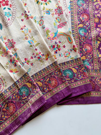 Softy Silk Jacquard Saree with Swarovski Hand Work & Digital Pashmina Print
