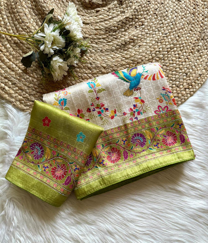 Softy Silk Jacquard Saree with Swarovski Hand Work & Digital Pashmina Print