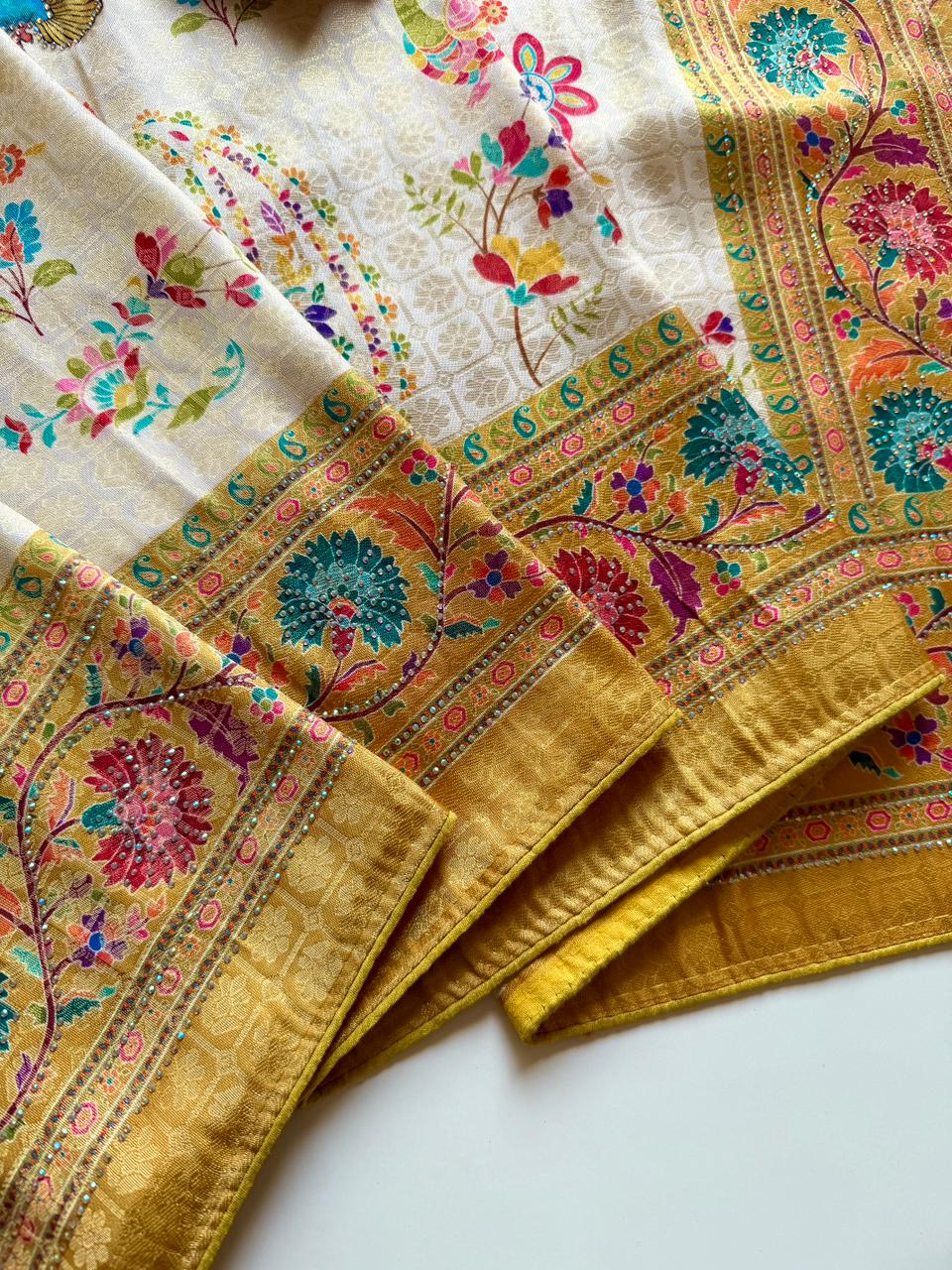 Softy Silk Jacquard Saree with Swarovski Hand Work & Digital Pashmina Print