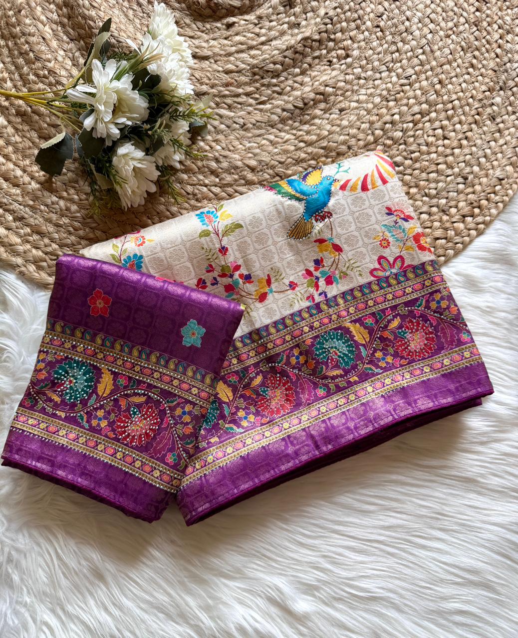 Softy Silk Jacquard Saree with Swarovski Hand Work & Digital Pashmina Print