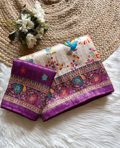 Softy Silk Jacquard Saree with Swarovski Hand Work & Digital Pashmina Print