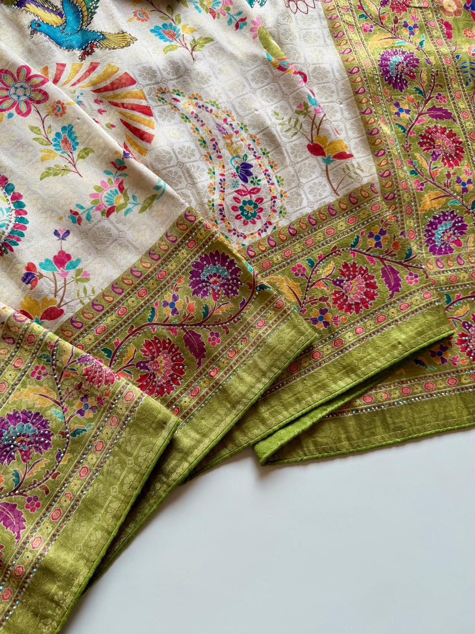 Softy Silk Jacquard Saree with Swarovski Hand Work & Digital Pashmina Print