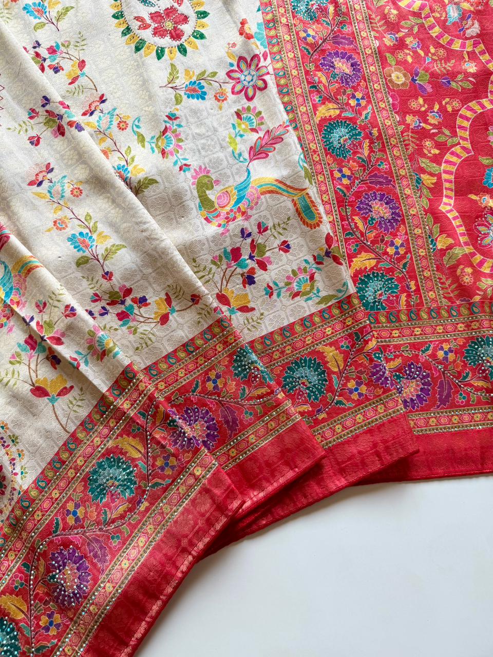 Softy Silk Jacquard Saree with Swarovski Hand Work & Digital Pashmina Print