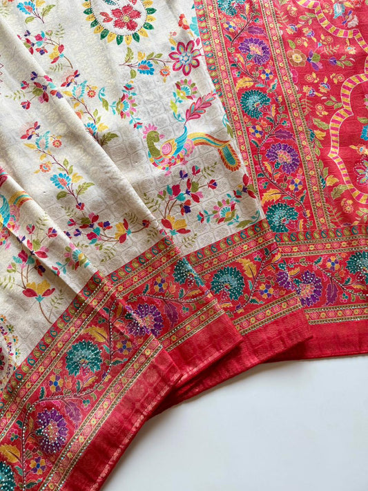 Softy Silk Jacquard Saree with Swarovski Hand Work & Digital Pashmina Print