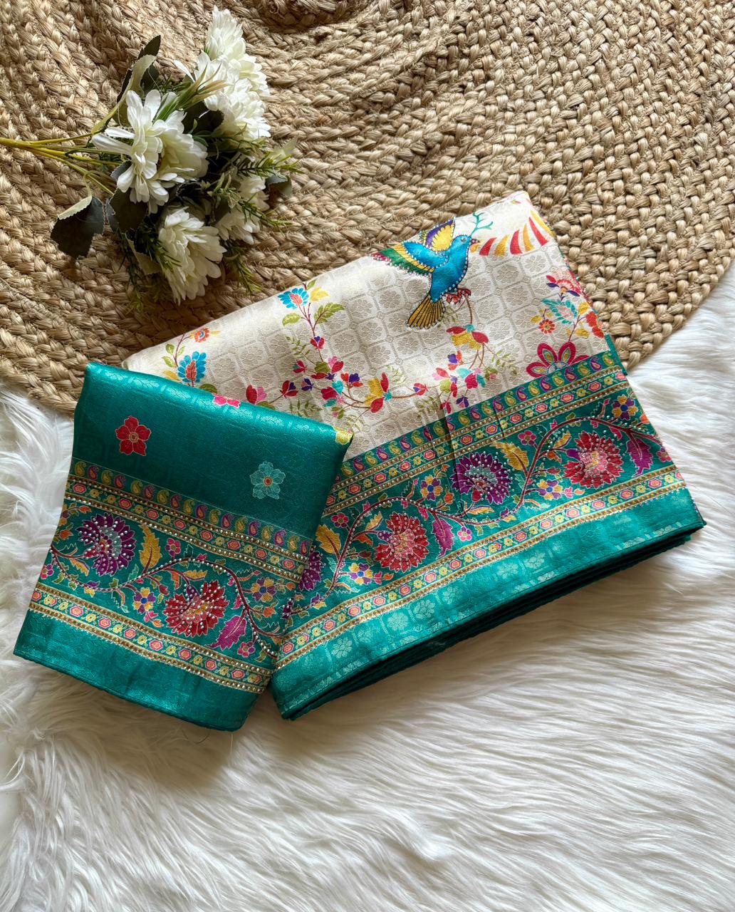 Softy Silk Jacquard Saree with Swarovski Hand Work & Digital Pashmina Print