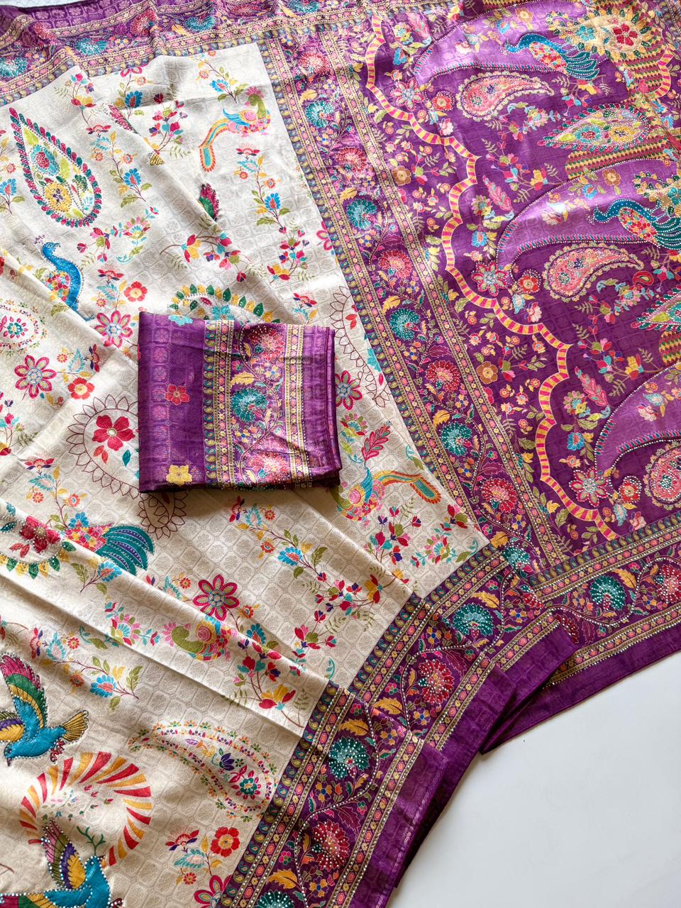 Softy Silk Jacquard Saree with Swarovski Hand Work & Digital Pashmina Print