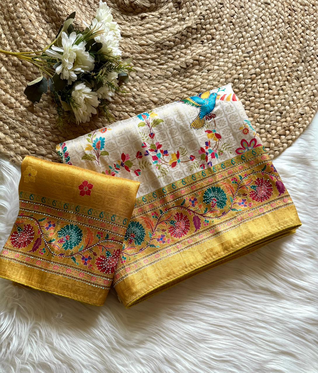 Softy Silk Jacquard Saree with Swarovski Hand Work & Digital Pashmina Print