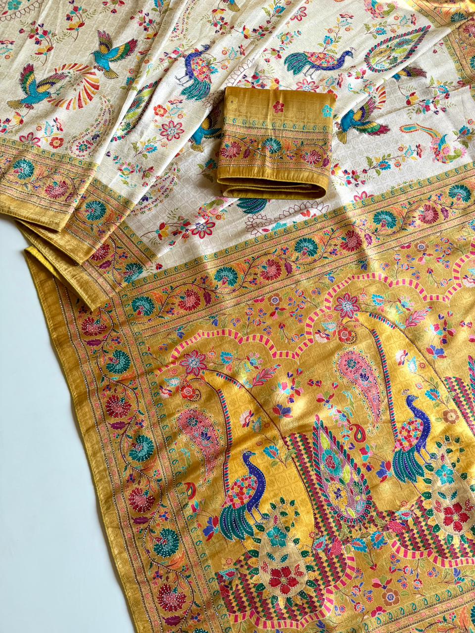 Softy Silk Jacquard Saree with Swarovski Hand Work & Digital Pashmina Print