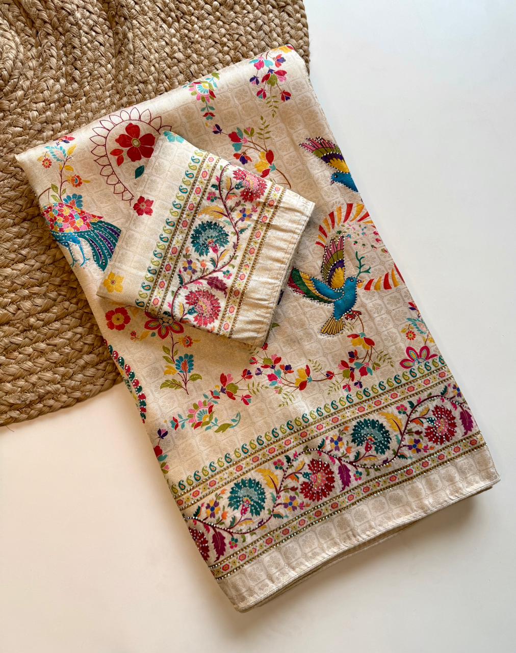 Softy Silk Jacquard Saree with Swarovski Hand Work & Digital Pashmina Print