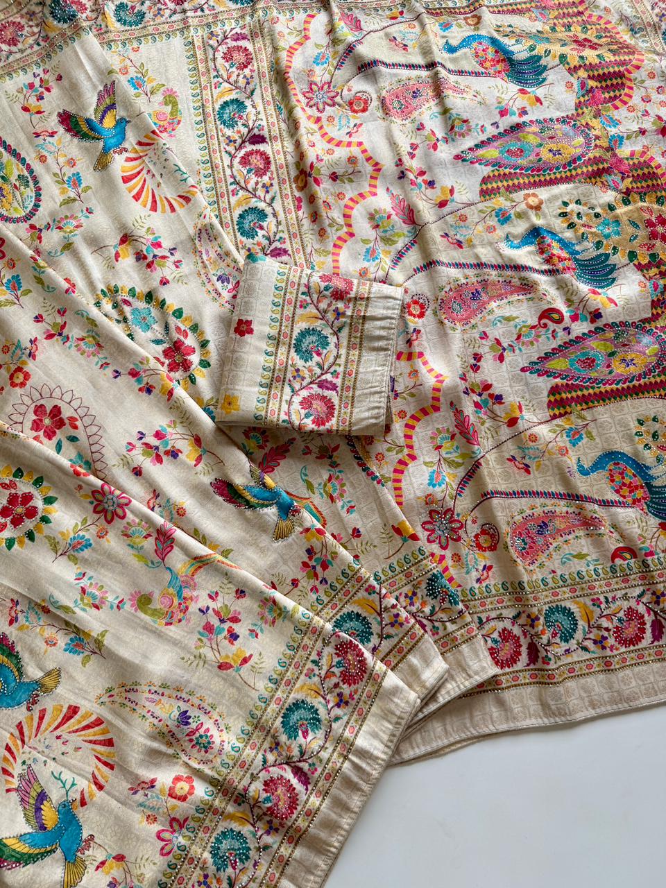 Softy Silk Jacquard Saree with Swarovski Hand Work & Digital Pashmina Print