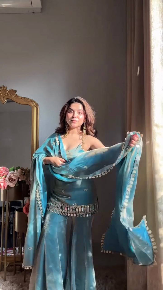 Sequnce with real mirror with redaymade lace broder top plazzo