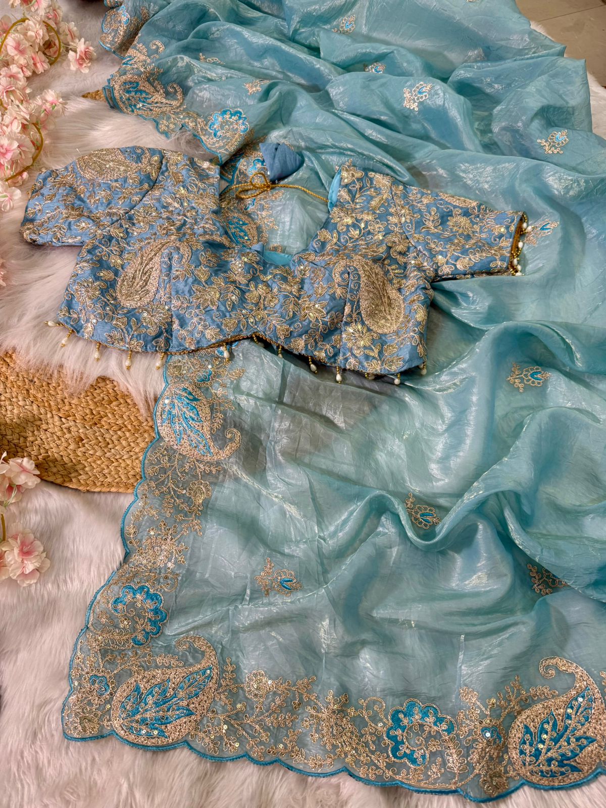 Beautifull Pure Crystal With Embroidery Work Saree