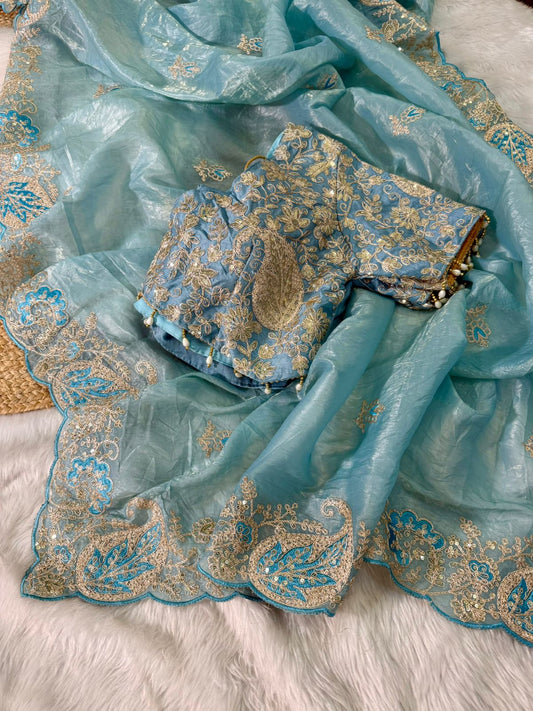 Beautifull Pure Crystal With Embroidery Work Saree