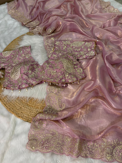 Beautifull Pure Crystal With Embroidery Work Saree