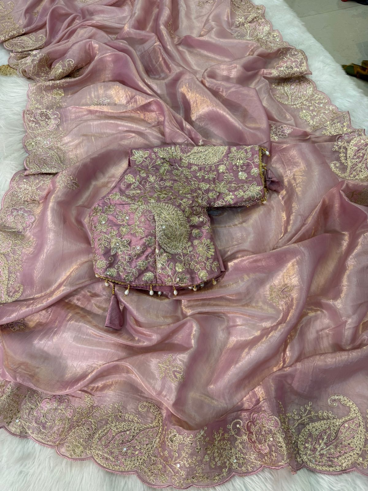 Beautifull Pure Crystal With Embroidery Work Saree