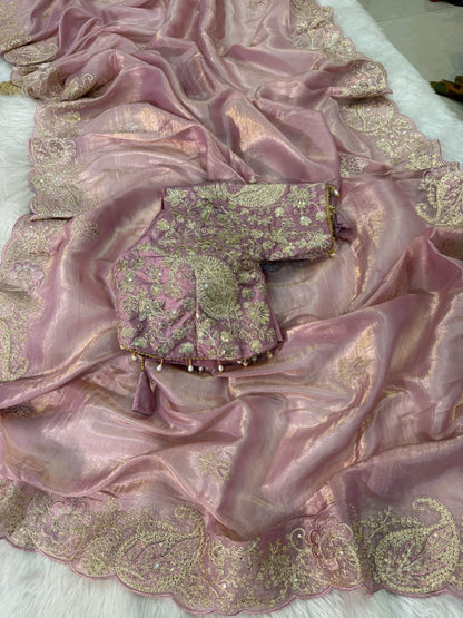 Beautifull Pure Crystal With Embroidery Work Saree