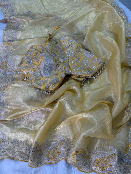Beautifull Pure Crystal With Embroidery Work Saree