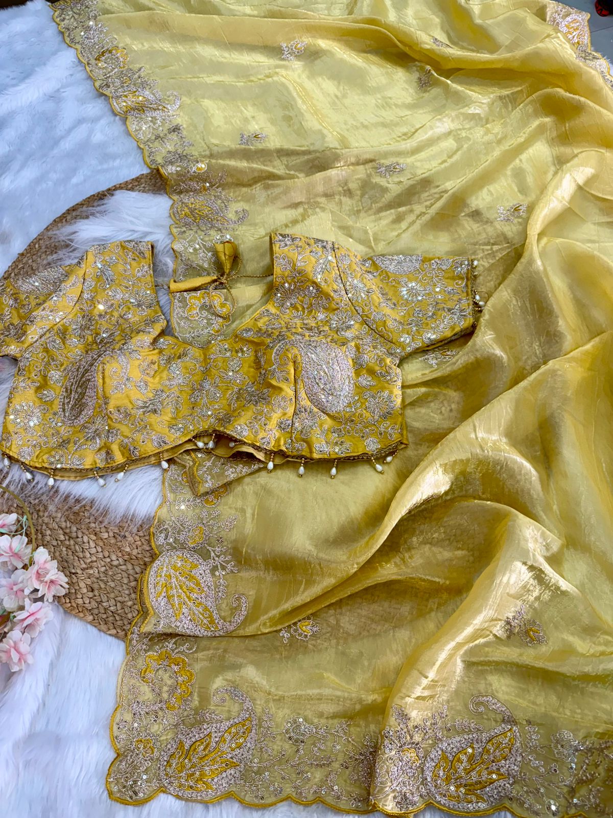 Beautifull Pure Crystal With Embroidery Work Saree