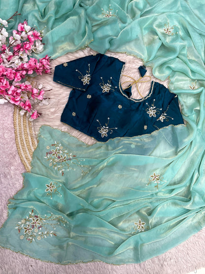 Beautiful Fancy Satin with Khatli Cutdana Hand Work Designer Saree