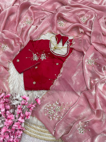 Beautiful Fancy Satin with Khatli Cutdana Hand Work Designer Saree