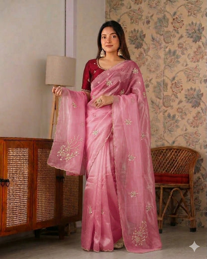 Beautiful Fancy Satin with Khatli Cutdana Hand Work Designer Saree