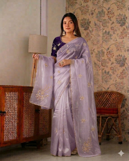 Beautiful Fancy Satin with Khatli Cutdana Hand Work Designer Saree