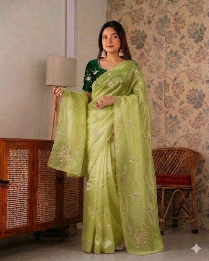 Beautiful Fancy Satin with Khatli Cutdana Hand Work Designer Saree