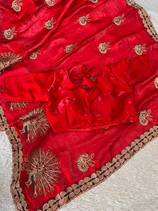 Red Color Fandy Satin Silk With Embroidery Work Saree