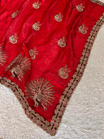 Red Color Fandy Satin Silk With Embroidery Work Saree