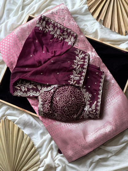 Designer Pure Banarasi Saree With Weaving Motifs & Contrast piping saree