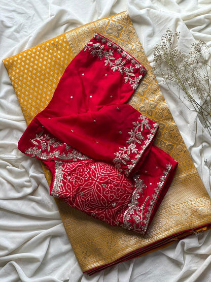 Designer Pure Banarasi Saree With Weaving Motifs & Contrast piping saree