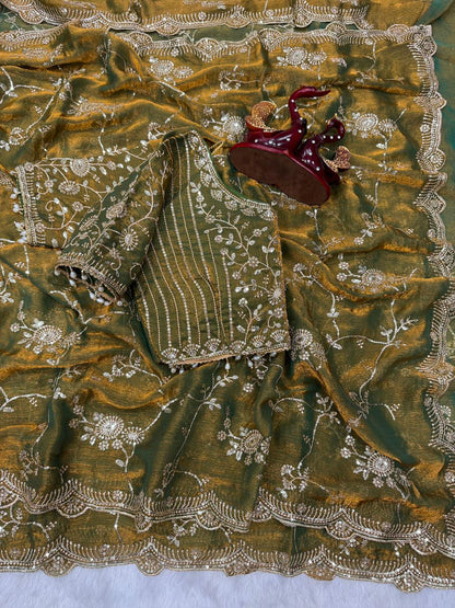 Designer Frendy Chiffon Saree With Sequence Zari Embroidery work saree