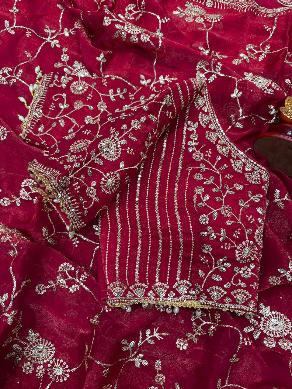 Designer Frendy Chiffon Saree With Sequence Zari Embroidery work saree