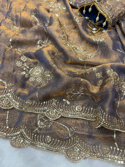 Designer Frendy Chiffon Saree With Sequence Zari Embroidery work saree