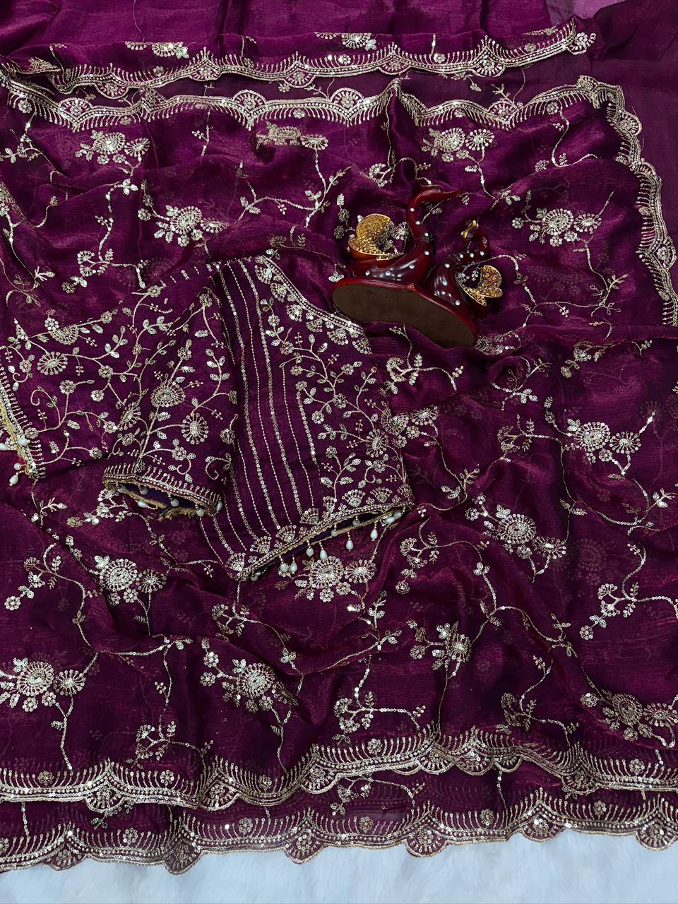 Designer Frendy Chiffon Saree With Sequence Zari Embroidery work saree