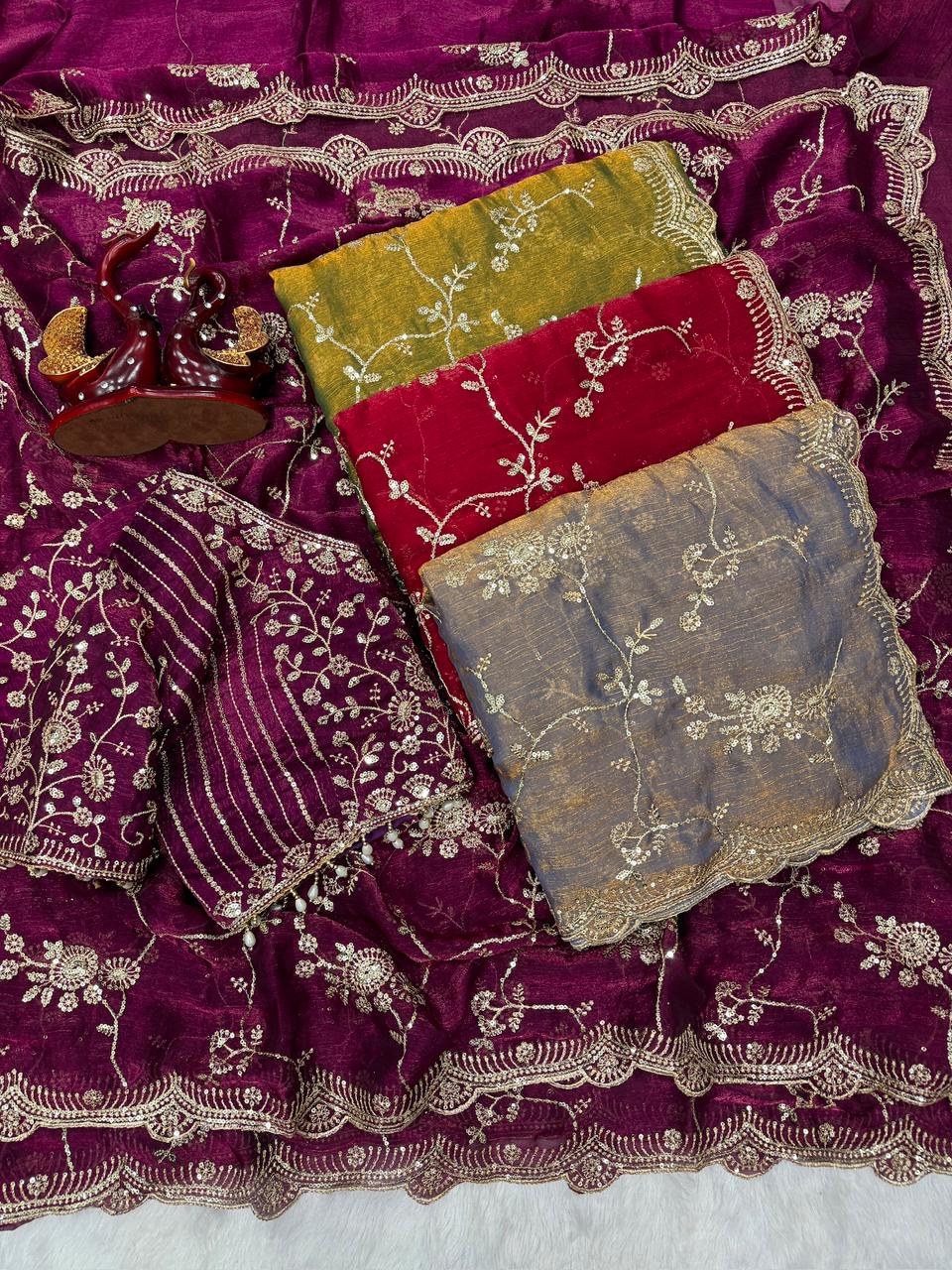 Designer Frendy Chiffon Saree With Sequence Zari Embroidery work saree