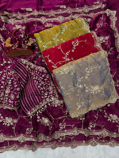 Designer Frendy Chiffon Saree With Sequence Zari Embroidery work saree