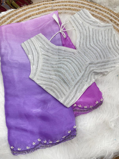 Designer Fendy Chiffon Saree With Cutdana Moti Border & Handwork saree