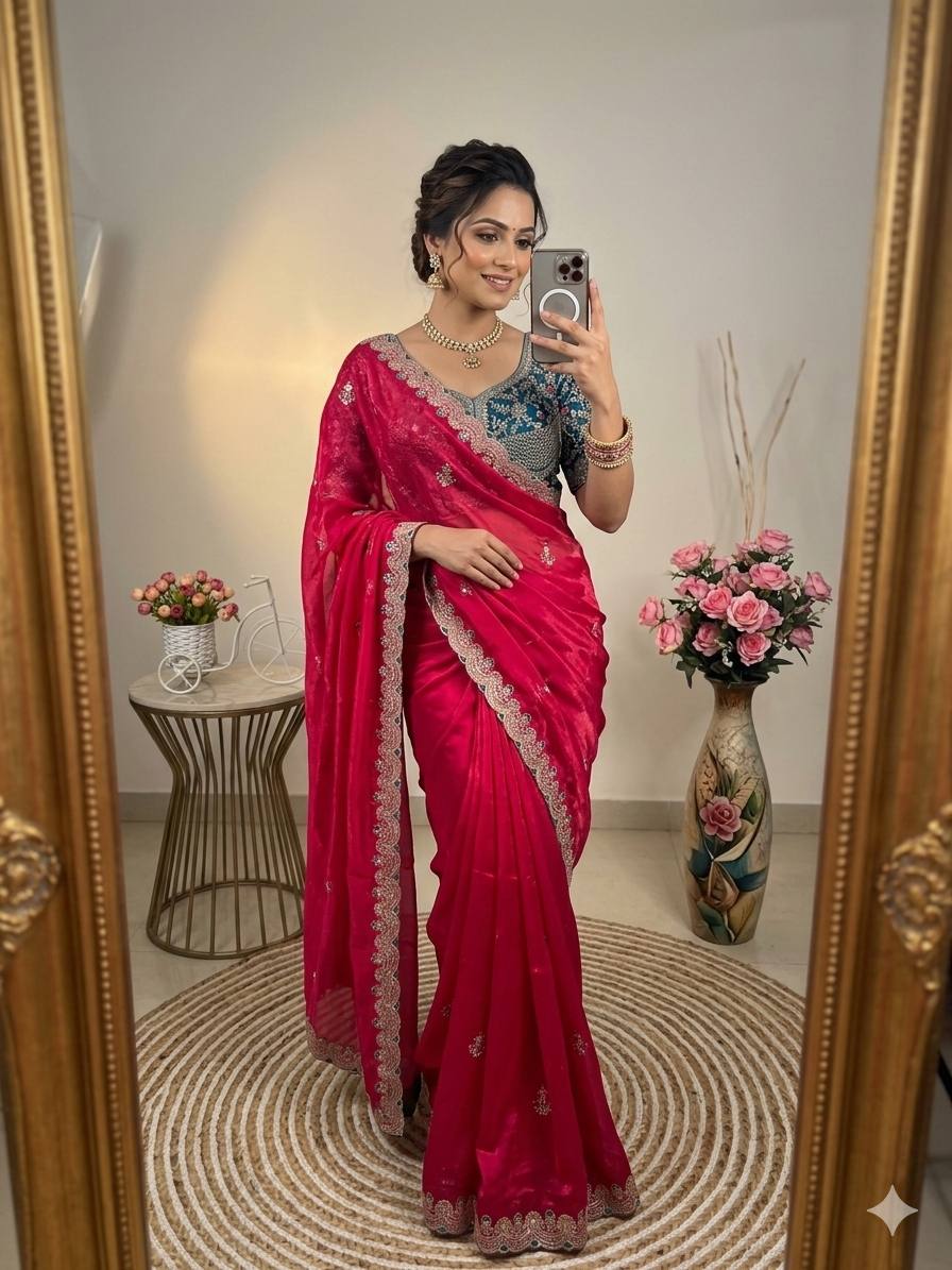 Designer Space Silk Saree With Multi-Sequence Border & Heavy Aari Work saree