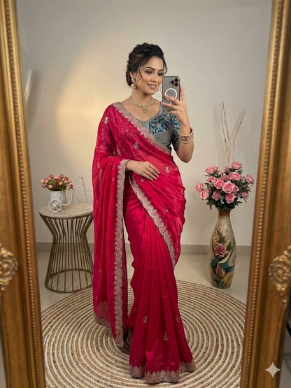 Designer Space Silk Saree With Multi-Sequence Border & Heavy Aari Work saree
