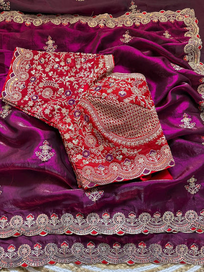 Designer Space Silk Saree With Multi-Sequence Border & Heavy Aari Work saree
