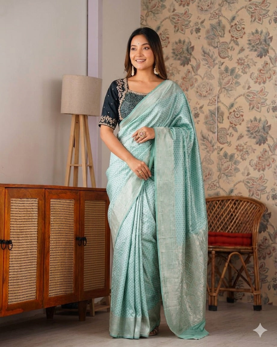Designer Pure Banarasi Saree With Weaving Motifs & Contrast piping saree