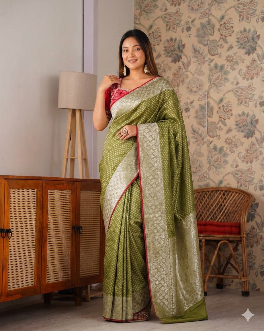 Designer Pure Banarasi Saree With Weaving Motifs & Contrast piping saree