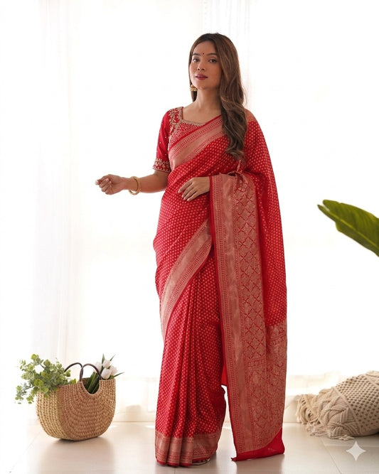 Designer Pure Banarasi Saree With Weaving Motifs & Contrast piping saree