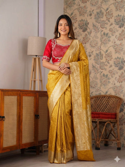 Designer Pure Banarasi Saree With Weaving Motifs & Contrast piping saree